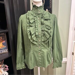 Vintage Sultra Olive Green Ruffle Blouse – Size M